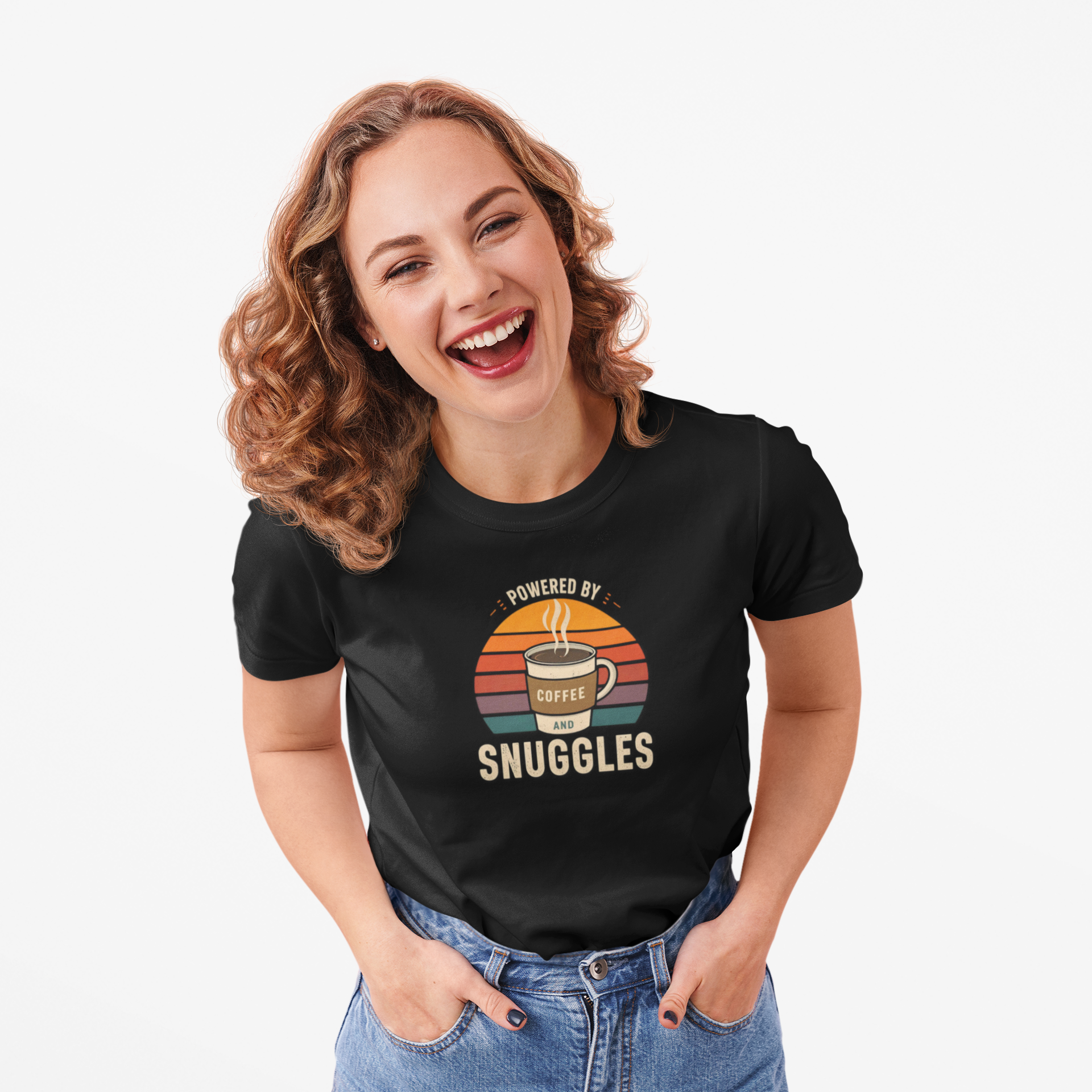 Women's Coffee and Snuggles Tee (Retro), Cute Graphic T-Shirt, Cozy Gift for Coffee Lovers, Relaxed Fit, Perfect for Celebrations