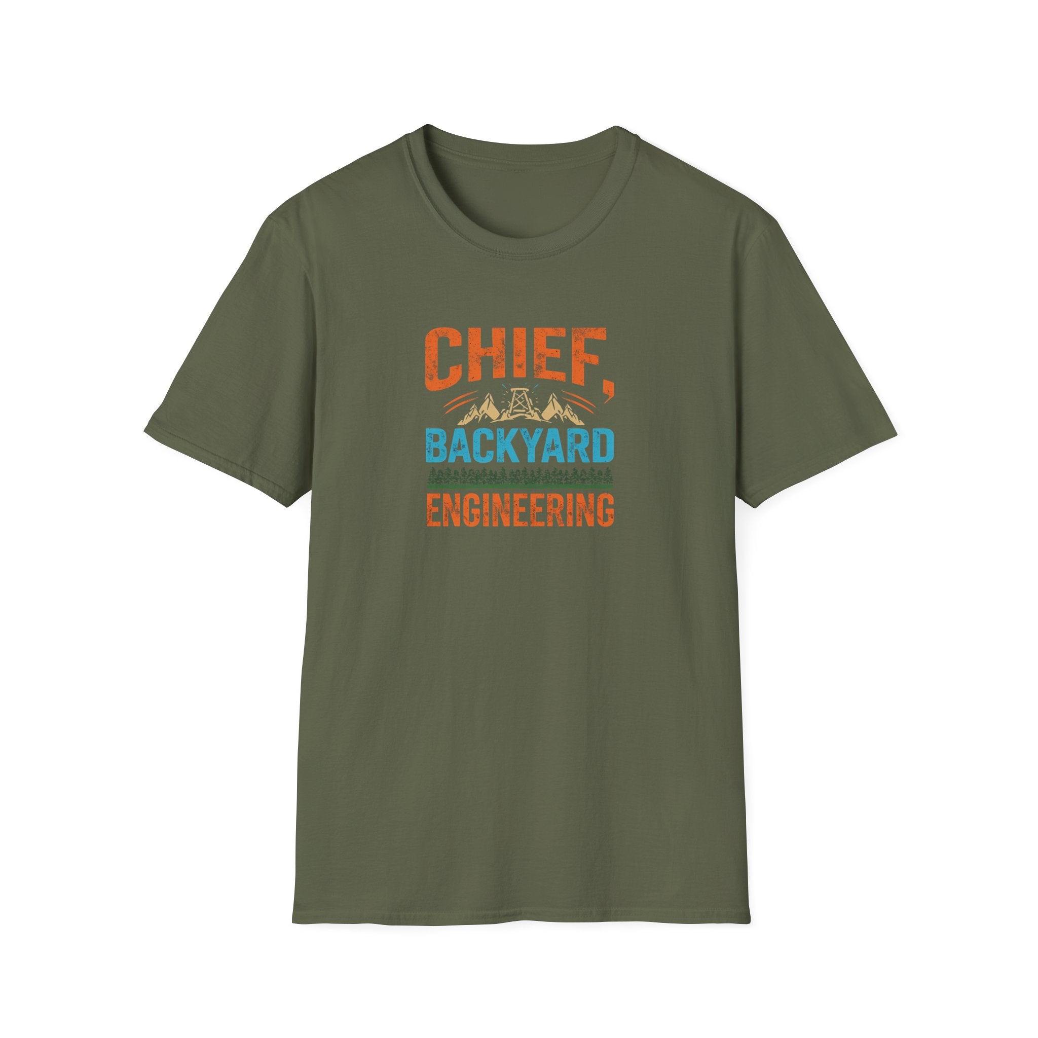 Backyard Engineering T-Shirt (Mountains), Fun Gift for Dads, DIY Enthusiasts, Unisex Casual Top, Outdoor Adventure Shirt, Unique Father's Day Gift